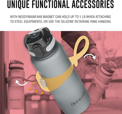 Tritan Sports Water Bottle with Magnetic Silicone Carry Strap & One Click Open Cap -Magnetic Drink Holder Great for Metal Equipment -Bottle w/Straps for Backpack, Belt & More (30oz, Crimson)