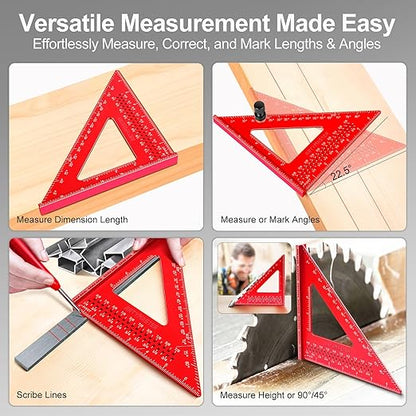 7 inch Carpenter Square, 1/16" Precision Hole Scribing Square Tools, 0-90° Aluminum Alloy Rafter Square, Woodworking Square & Carpenter Pencils 12 Refills AM13E