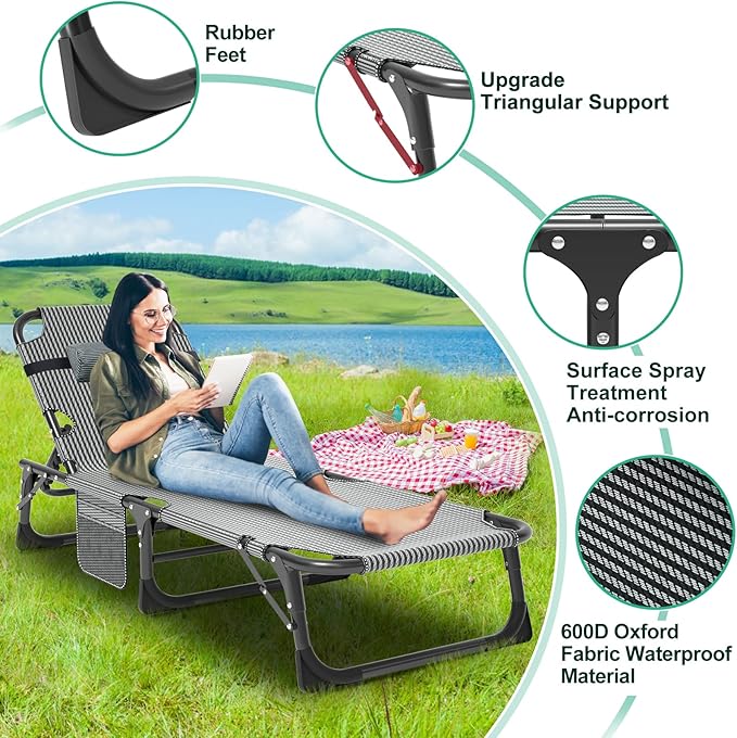 LILYPELLE Folding Outside Chaise Lounge Chair with Mattress, 5 Position Adjustable Patio Reclining Chairs Perfect for Outside, Sunbathing, Camping, Pool, Beach, Grey