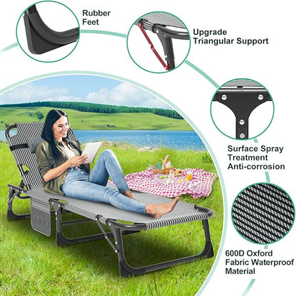 LILYPELLE Folding Outside Chaise Lounge Chair with Mattress, 5 Position Adjustable Patio Reclining Chairs Perfect for Outside, Sunbathing, Camping, Pool, Beach, Grey