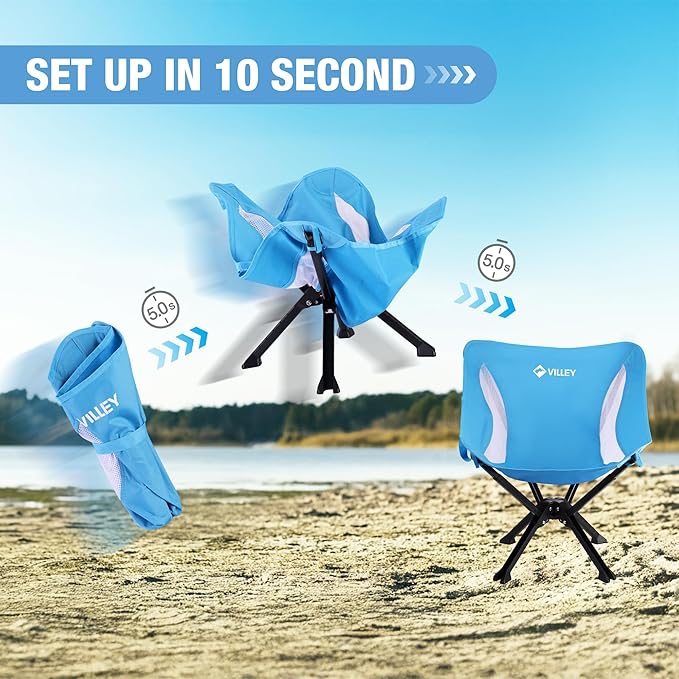 VILLEY Portable Folding Chair Lightweight Camping Chair No Assembly Needed, Quick Setup for Beach, Hiking, Supports 330 LBS, Blue