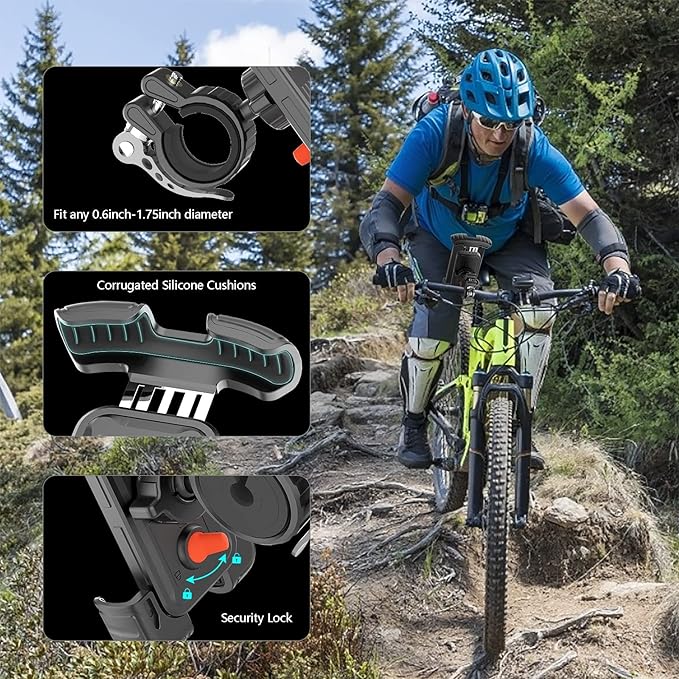 Bike Motorcycle Phone Mount,[Super Stable Metal] Bike Motorcycle Phone Holder with Security Lock, Bicycle Phone Mount with Soft Cushion & Adjustable Clip Compatible with 4.7''-6.8'' Phone