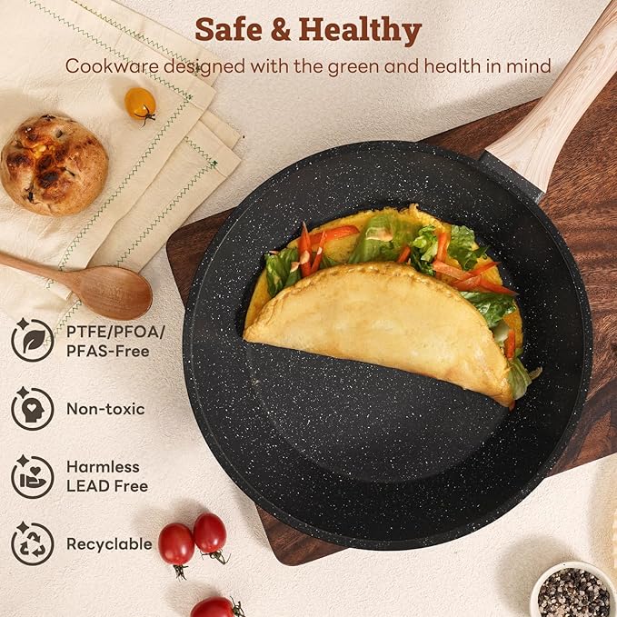 17 Pcs Pots and Pans Set Non Stick Kitchen Cookware Sets Nonstick Induction Cookware Non-toxic Black Granite Cooking Tools with Stay-Cool Handles, Pot Protectors (PFOS/PFOA Free)