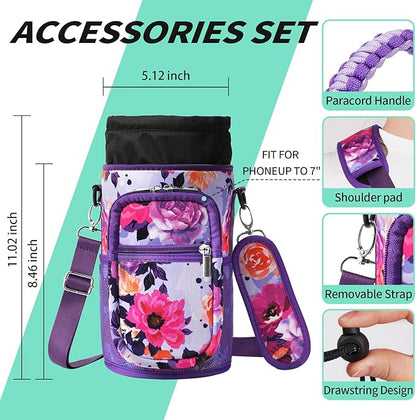 32/40/64/87/128 oz Water Bottle Carrier Bag, Neoprene Water Bottle Sleeve with 4 Pocket, Sport Water Holder with Paracord Handle and Shoulder Strap for Walking Hiking Camping Gym