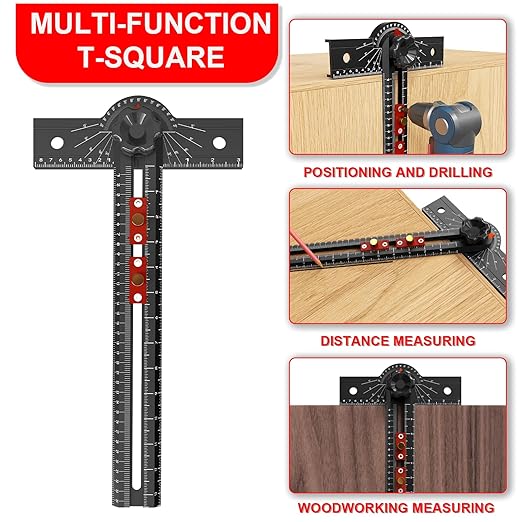Woodworking T Square Ruler, 13.5 Inch Adjustable Angle 15-165° Measurement Tool, Aluminum Alloy, Precision Drilling Positioning Guide for Carpentry, Drafting, Contractor, Scribe Crafting, Drywall
