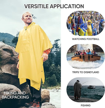 PTEROMY Hooded Rain Poncho for Adult with Pocket, Waterproof Lightweight Unisex Raincoat for Hiking Camping Emergency