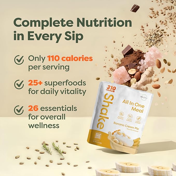 310 Nutrition All-In-One Plant-Based Meal Replacement Shake – High-Fiber Protein with Probiotics, Digestive Enzymes & Adaptogens – Vegan, Low Carb, Keto Friendly Superfood Blend – Banana Cream Pie – 28 Servings