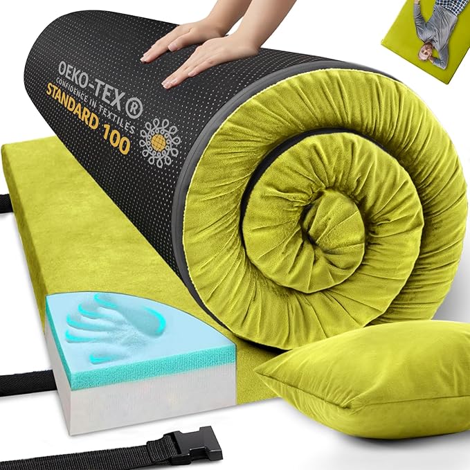 Memory Foam Camping Mattress Sleeping Pad, 3" Thick Waterproof Portable Roll Up Sleeping Mats & Floor Mattress Pad with Pillow + Travel Bag for Camping Car Truck SUV Tent Sleepover Kids Adult