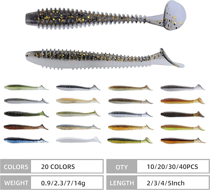 RUNCL Swimbaits Paddle 10/20/30/40PCS, 5/4/3/2 Inchs Paddle Tail, Soft Lure for Trout Crappie Bass, Durable Plastic Bait Swimmer for Saltwater/Freshwater, Fishing Lover's Gift