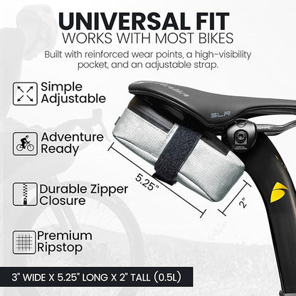 ALMSTHRE Signature Bike Saddle Bag – Sterling Silver | 0.5L Bike Seat Bag (3" x 5.25" x 2") | Water-Resistant Ripstop, Waterproof Zipper, Internal Pocket | Durable Under Seat Storage