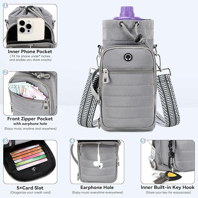 Water Bottle Carrier Bag with Strap, Sling Bag for Walking, Hiking, Cycling, Black, 40 Ounces