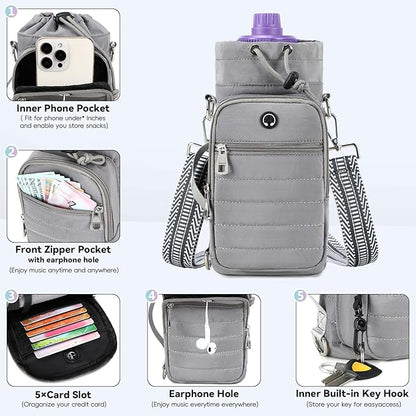 Water Bottle Carrier Bag with Strap, Sling Bag for Walking, Hiking, Cycling, Black, 40 Ounces