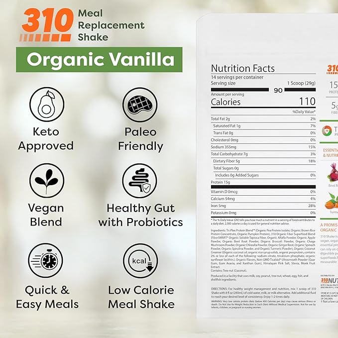 310 Nutrition Organic All-In-One Meal Replacement Shake Powder - Plant-Based Protein Smoothie Blend w/Fiber, Probiotics & Adaptogens - Low Carb, Vegan, Keto & Paleo - Vanilla - 28 Servings