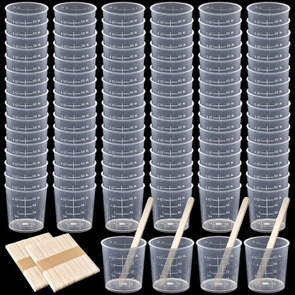 100 Pack 60ml/2oz Transparent Measuring Cups Reusable Clear Plastic Graduated Epoxy Mixing Cups with 100 Pack Wooden Stirring Sticks for Liquids Resin, Epoxy, Stain, Mixing Paint, School Labs