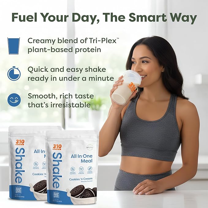 310 Nutrition All-In-One Meal Replacement Shake Powder - Plant-Based Protein Smoothie Blend w/High Fiber, Probiotics & Adaptogens - Low Carb, Vegan, Keto & Paleo Friendly - Cookies N Cream - 28 Srv