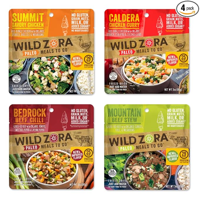 Wild Zora Paleo Freeze Dried Meat Meals, 4 Pack, Gluten Free and Grain Free Camping and Backpacking Food, No Added Sugar, Healthy On-the-Go Travel Meal, Protein Packed (Meat 4-pack)