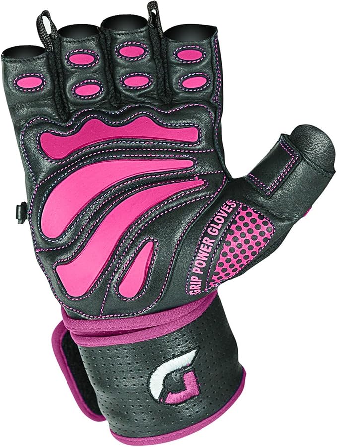 Grip Power Pads Leather Gym Gloves for Women – Built-in 2" Wrist Wraps, Pink Weightlifting, Powerlifting, Bodybuilding Workout