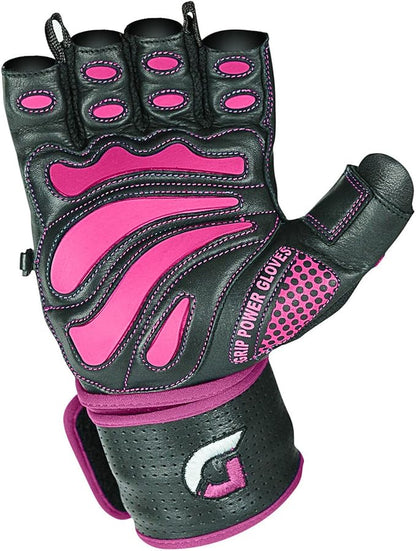 Grip Power Pads Leather Gym Gloves for Women – Built-in 2" Wrist Wraps, Pink Weightlifting, Powerlifting, Bodybuilding Workout