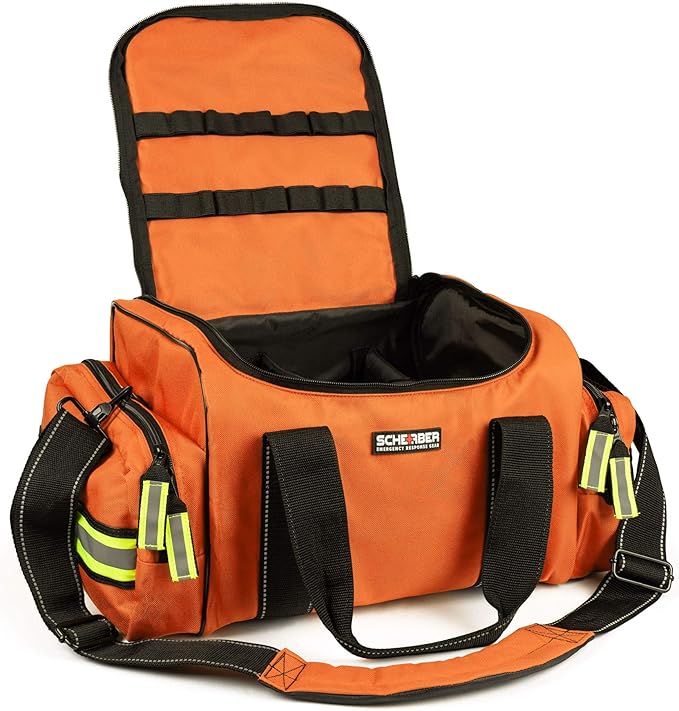 Scherber First Responder Fully-Stocked Large Professional Essentials EMT/EMS Trauma Kit | HSA/FSA Approved | Reflective Bag w/8 Zippered Pockets & Compartments & 250+ First Aid Supplies (Orange)