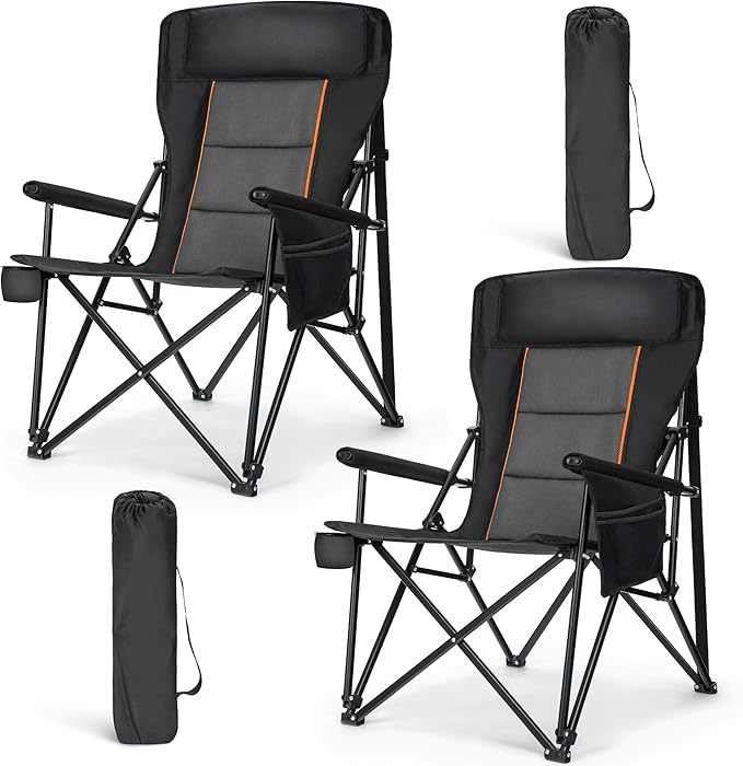 HIGH POINT SPORTS Oversized Folding Camping Chairs for Adults, High Backrest Heavy Duty Lawn Chairs Support 500 LBS Portable Collapsible Camp Chairs with Cup Holders,Side Pocket, 2 Pack, Black
