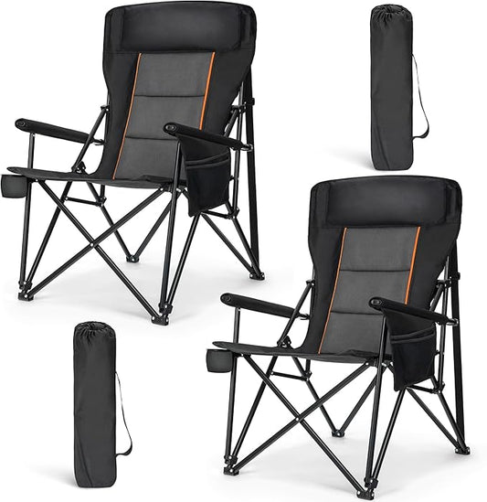 HIGH POINT SPORTS Oversized Folding Camping Chairs for Adults, High Backrest Heavy Duty Lawn Chairs Support 500 LBS Portable Collapsible Camp Chairs with Cup Holders,Side Pocket, 2 Pack, Black