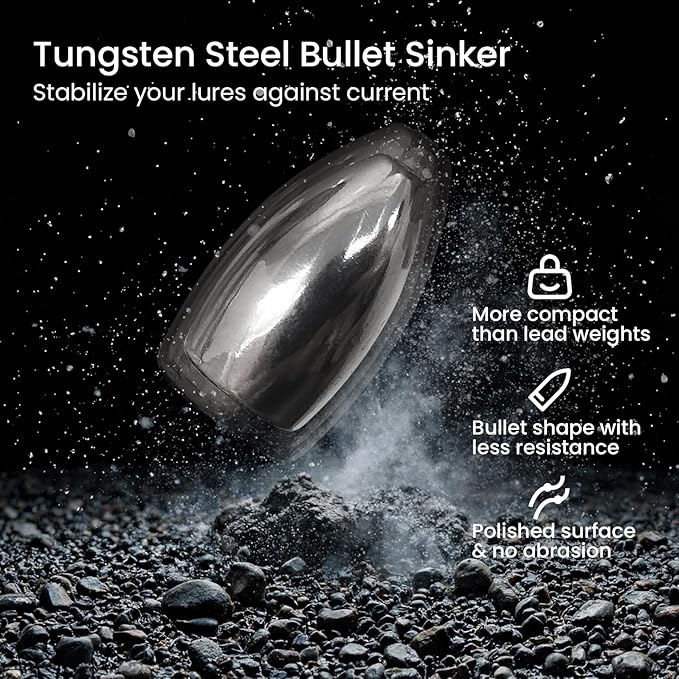 Pristis 12 pcs Tungsten Fishing Weights, Compact Bullet Sinkers Kit for Fishing line, Drop Shot Texas Carolina Rig Hook Weight for Bass Walleye Perch Trout Crappie Bait