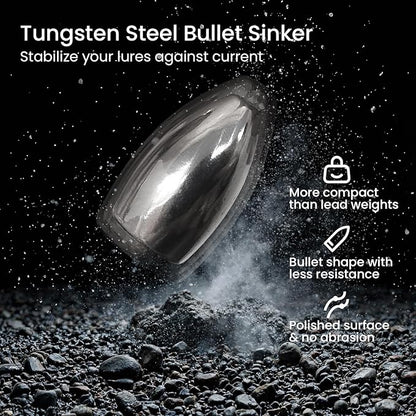 Pristis 12 pcs Tungsten Fishing Weights, Compact Bullet Sinkers Kit for Fishing line, Drop Shot Texas Carolina Rig Hook Weight for Bass Walleye Perch Trout Crappie Bait