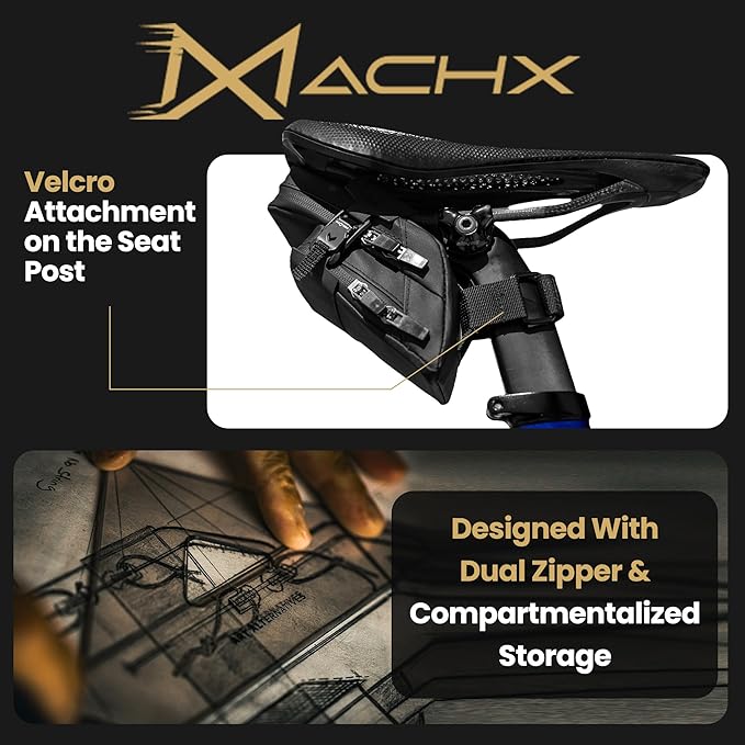 Lumiere & Co. Fidlock Magnetic Clip Attachment Bike Saddle Bag – 7″ × 3″ × 3″ | Double Compartment, Adjustable | Magnetic Black V Buckle Attachment System | Mach X (Black)