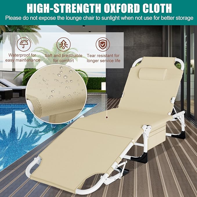 DoCred Heavy Duty Tanning Chair with Face Hole, Adjustable 5-Position Folding Chaise Lounge Chairs for Outside, Portable Lay Flat Beach Lounge Chair for Outdoor Sunbathing Beach Pool Lawn Camping