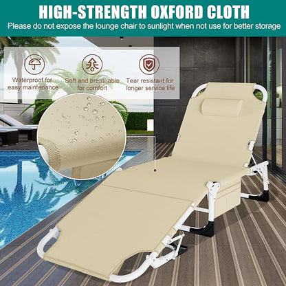 DoCred Heavy Duty Tanning Chair with Face Hole, Adjustable 5-Position Folding Chaise Lounge Chairs for Outside, Portable Lay Flat Beach Lounge Chair for Outdoor Sunbathing Beach Pool Lawn Camping