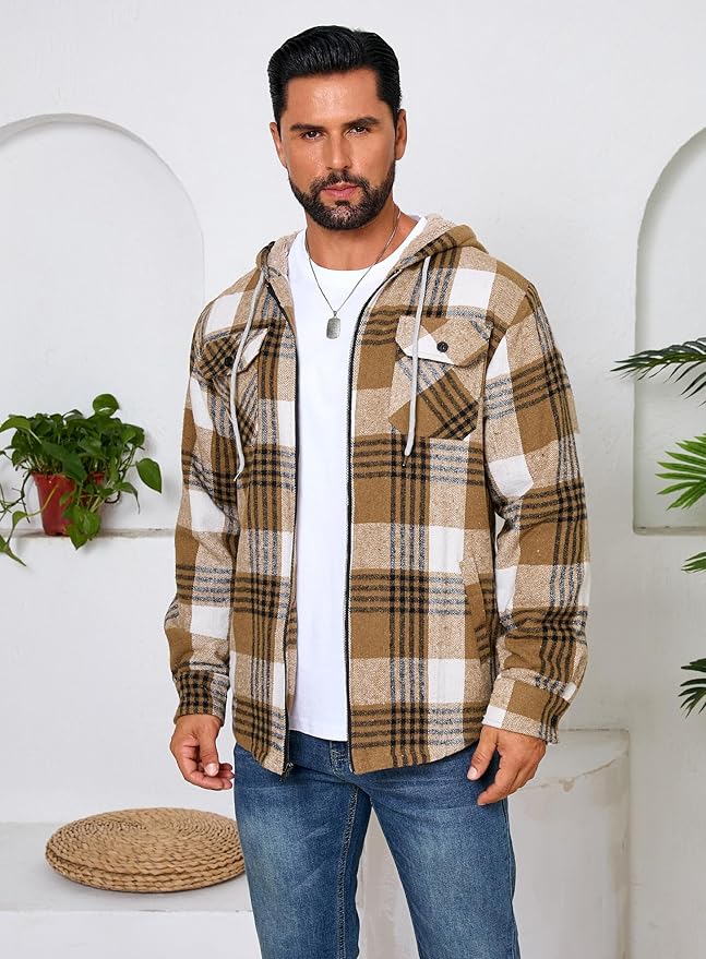 Men's Zip Up Flannel Shirt Jacket Fleece Lined Long Sleeve Plaid Coat Heavyweight Hoodie with Hood