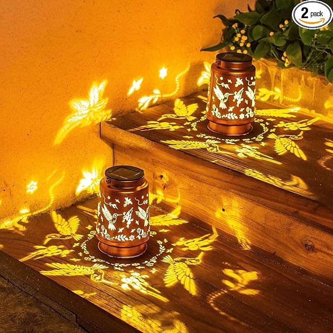 2 Pack Hummingbird Solar Lanterns Outdoor Waterproof Hanging Solar Lights Hummingbird Gifts for Women Men Mom Metal Decorative LED Lanterns Outside for Yard,Patio,Lawn,Tabletop,Pathway,Garden Decor
