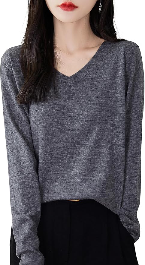 Chanyarn Women's 100% Merino Wool Base Layer Shirt Tops V Neck Long Sleeve Travel Hiking Tee T Shirt Pullover Sweater