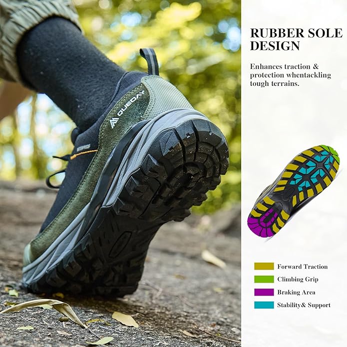 Queday Mens Waterproof Hiking Shoes Lightweight Outdoor Cordura Walking Shoes Breathable Hike Trekking Trails Camping Climbing