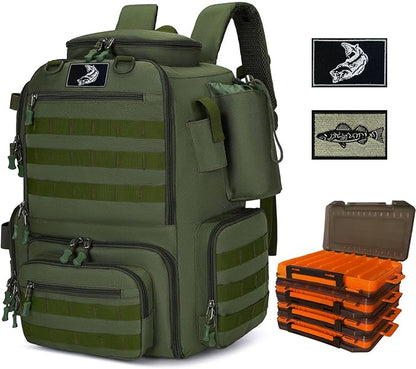 Fishing Backpack with Tackle Boxes 45L Fishing Tackle Backpack Bag Tackle Box, Outdoor Waterproof Large Tackle Bag Gear Storage Bag for Fishermen Christmas Birthday Gifts (Green)