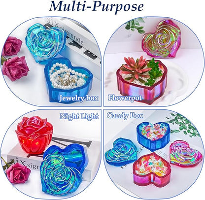 Heart Jar Resin Mold with Rose Lid Epoxy Resin Storage Box Casting Molds DIY Jewelry Trinket Candy Container Silicone Mould Concrete Cement Plaster Planter Candle Vessel Craft Silicone Molds
