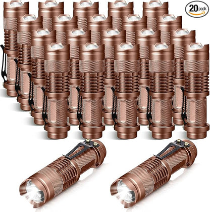 Fumete 20 Pieces LED Flashlight Mini 3 Mode Tactical Torch Small Water Resistant Pocket Flash Light Adjustable Focus Light Pen for Men, Father, Indoor Outdoor Hiking(Brown)