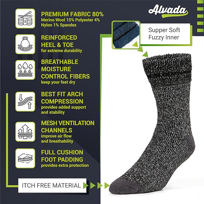 Alvada Warm Thermal Wool Socks for Winter Moisture Wicking and Breathable Cozy Boot Socks