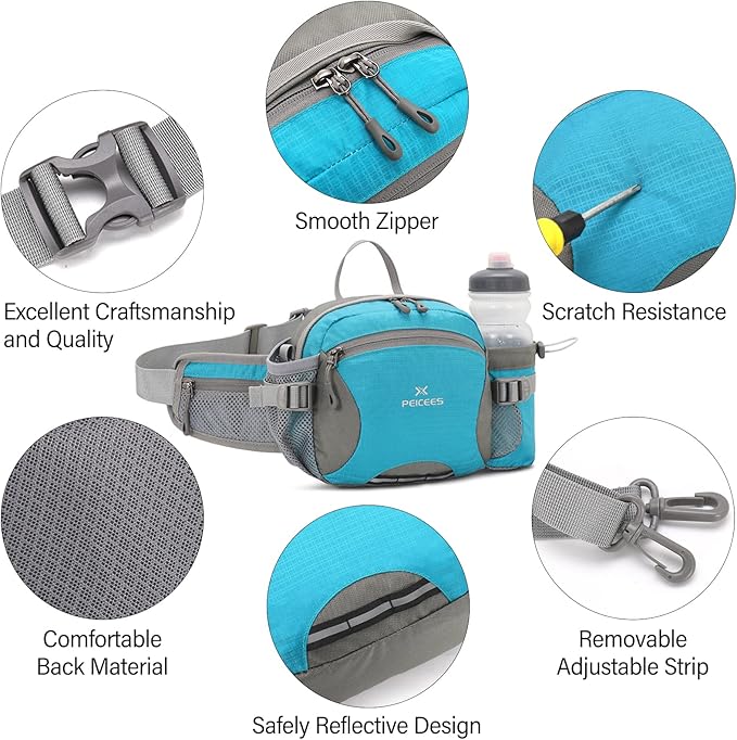 Peicees Hiking Fanny Pack Large Waist Bag for Men Women with Bottle Holder Water Resistant Lumbar Pack for Hiking Camping Fishing Outdoor (Bottle Not Included)