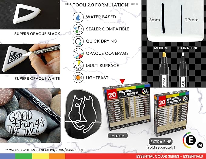 TOOLI-ART Black And White Acrylic Paint Markers Paint Pens Set For Rock Painting, Canvas, Mugs, Metal, Glass Paint, Fabric, Wood, DIY. Non Toxic, Quick Dry,Waterbas (MEDIUM)