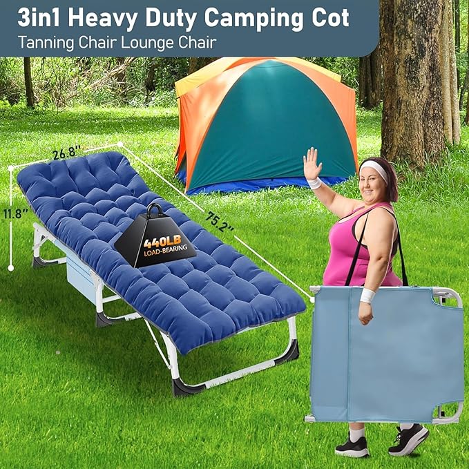 Slsy Sleeping Cots for Adults, 5-Position Folding Chaise Lounge Chairs Outdoor, Portable Folding Bed Cot Lounge Chair for Beach Lawn Camping Pool Sun Tanning