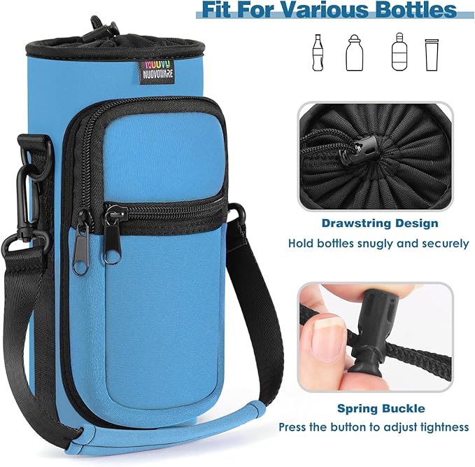 Nuovoware Water Bottle Carrier Bag,25oz/40oz/64oz Bottle Pouch Holder,Adjustable Shoulder Hand Strap 2 Pocket Sling Neoprene Sleeve Sports Accessories for Hiking Travelling Camping