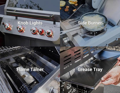 Monument Grills Outdoor Barbecue Stainless Steel 4 Burner Propane Gas Grill, 62,000 BTU Patio Garden Barbecue Grill with Side Burner, Infrared Technology and Knob Controls, Mesa415BZ with BBQ Cover