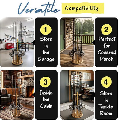Rush Creek Creations Round 16 Fishing Rod Storage Rack - Features Traditional Handcrafted Wood Post - No Tool Assembly, Wood Grain Laminate