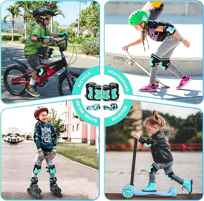 2PM SPORTS Knee Pads for Kids, Wrist Guards Knee and Elbow Pads Set with Drawstring Bag, Protective Gear Set for Girls Boys Roller Skating Cycling Skateboard