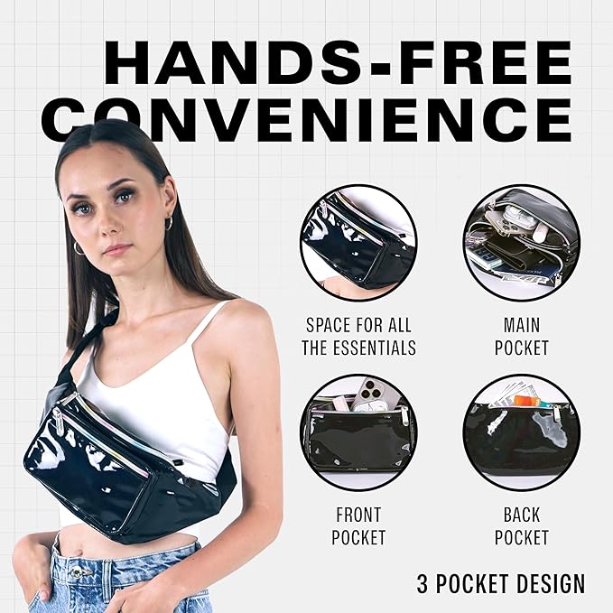 Black Holographic Fanny Pack Belt bag - Crossbody Waist Bag for Men or Women - Hands-Free, Waterproof Large Bumbag for Hiking, Running, and Travel