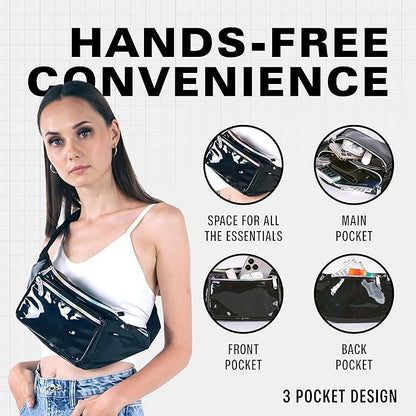 Black Holographic Fanny Pack Belt bag - Crossbody Waist Bag for Men or Women - Hands-Free, Waterproof Large Bumbag for Hiking, Running, and Travel
