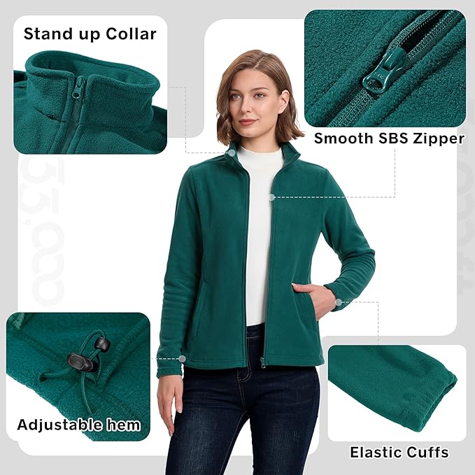 33,000ft Women's Zip Up Fleece Jacket, Long Sleeve Warm Soft Polar Lightweight Coat with Pockets for Winter