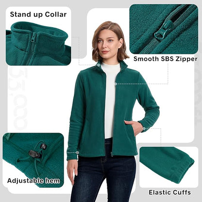 33,000ft Women's Zip Up Fleece Jacket, Long Sleeve Warm Soft Polar Lightweight Coat with Pockets for Winter