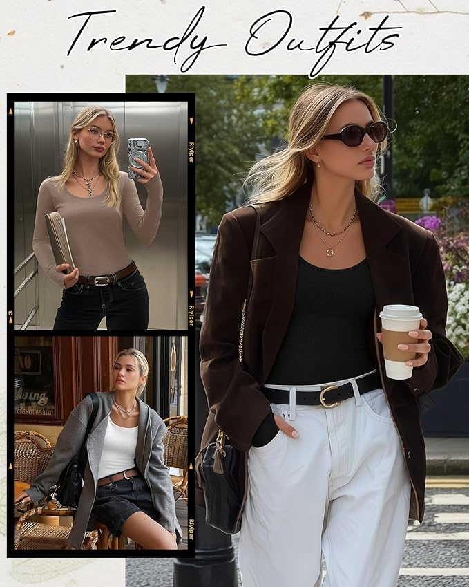 Riyiper 3 Pack Women's Thermal Long Sleeve Shirts, Fleece Scoop Neck Fitted Top Stretchy Thumb Holes Undershirt Baselayer Tee